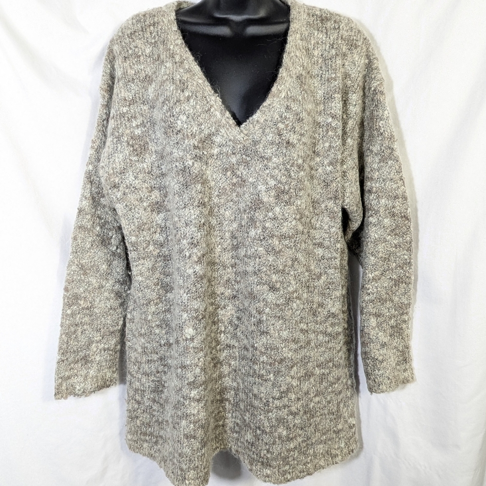 Vintage JK America Women's V-neck Tunic Sweater Wool Blend Tan Gray Cream 14-16